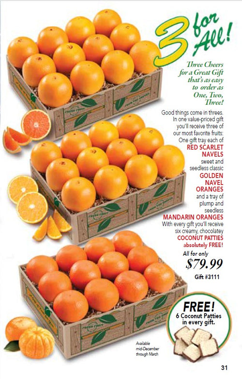 3 trays of Oranges in decorative printed boxes and coconut patties pictured on Hyatt Fruit Company's catalog page 31.