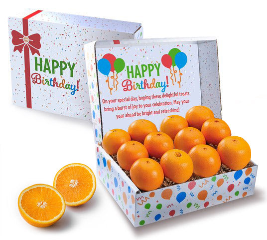 Birthday gift box with Florida navel oranges and mandarin oranges, featuring 'Happy Birthday!' text.