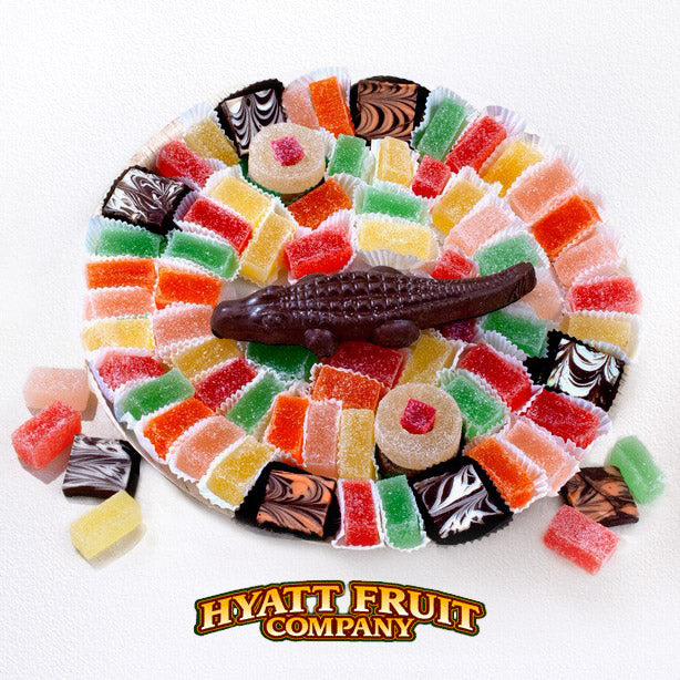 Assorted gummy candies arranged in a circular pattern from Hyatt Fruit Company.