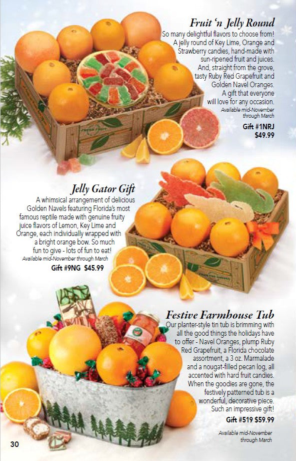 Festive Farmhouse printed Holiday Gift Tin of Oranges and citrus-flavored candies pictured on Hyatt Fruit Company's catalog page 30.