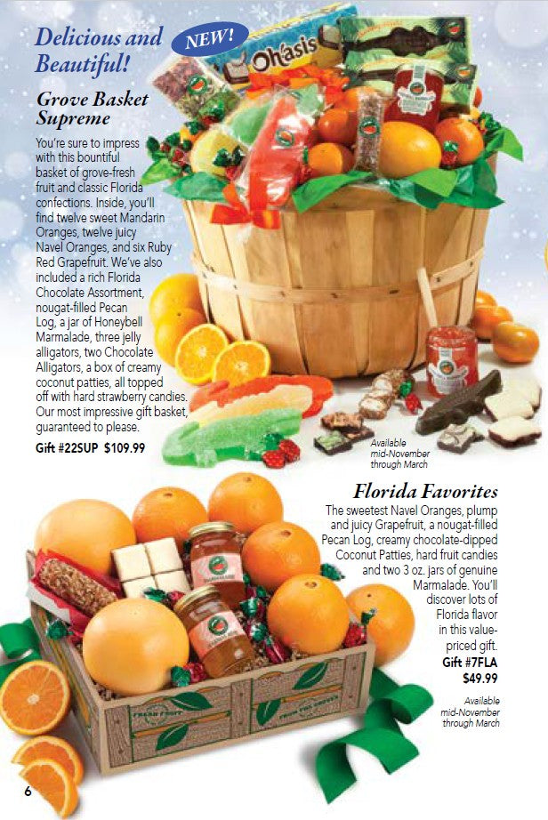 Florida Favorites - Fruit & Candy Gift Set featuring oranges, grapefruit, pecan log, and coconut patties in a decorative basket.