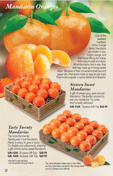 16, 20 and 40 piece Mandarin Orange Gift Boxes on Hyatt Fruit Company Catalog page 22