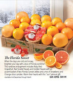 Box of Florida Sunset fruit arrangement with candies pictured in Hyatt Fruit Company's catalog.