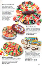Catalog page featuring gift baskets filled with bightly-colored candies.