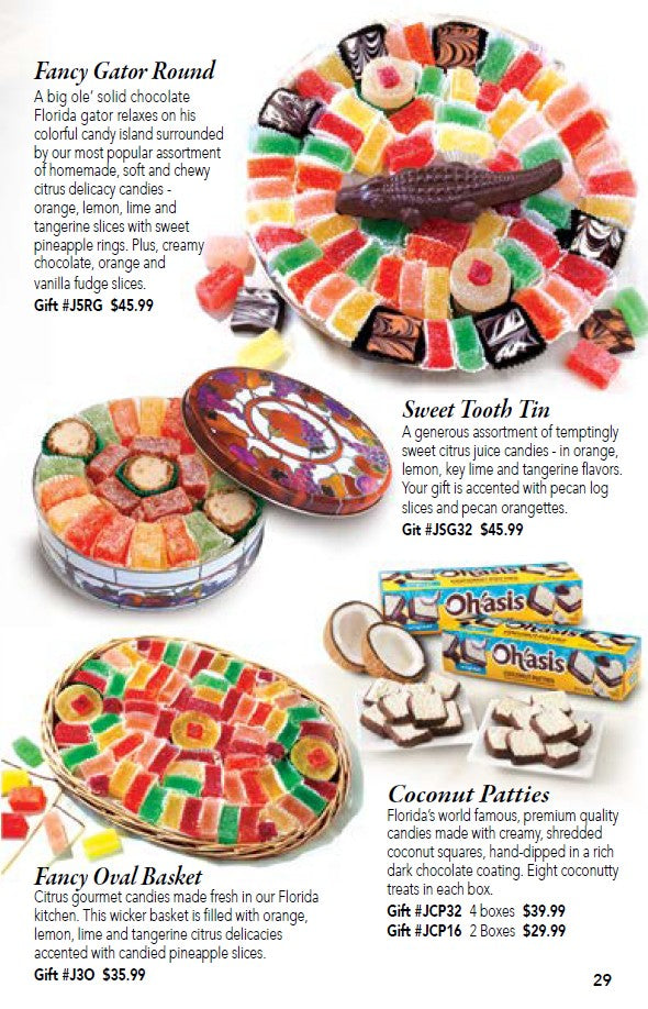 Assorted candy gifts including a gator round, sweet tooth tin, coconut patties, and fancy oval basket pictured on Hyatt Fruit Company's catalog page 29.