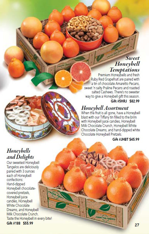 Gift Tin with Honeybell-flavored candies in gift tin pictured on a catalog page from Hyatt Fruit Company.