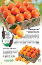 Decorative printed gift box of Honeybell Tangelos with Navel Oranges on a catalog page from Hyatt Fruit Company.