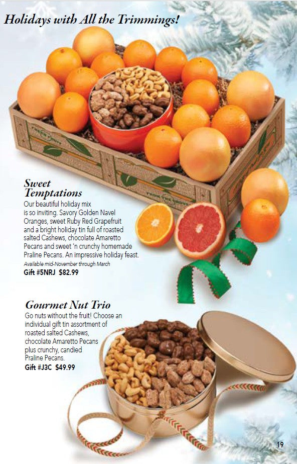 Gourmet nut trio with oranges and a box of assorted nuts on a festive background.