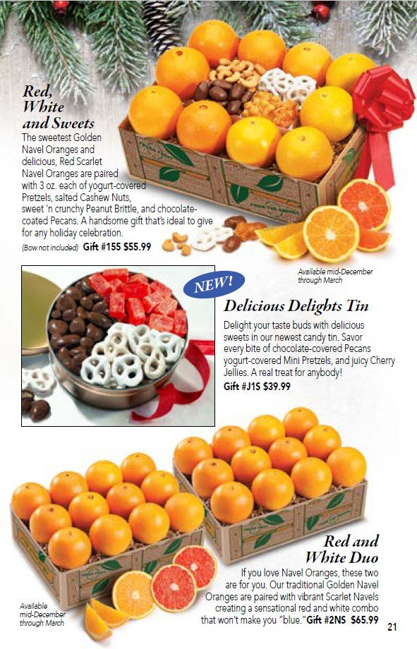 Catalog page advertising gift basket with oranges, nuts, and other treats on a festive background.
