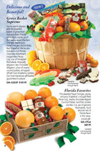 A fruit basket with oranges, nuts, and other treats on a gift catalog page from Hyatt Fruit Company.