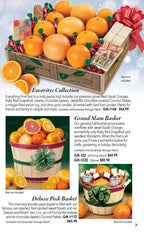 Fruit gift baskets with oranges, grapefruit and candy on a gift catalog page from Hyatt Fruit Company.