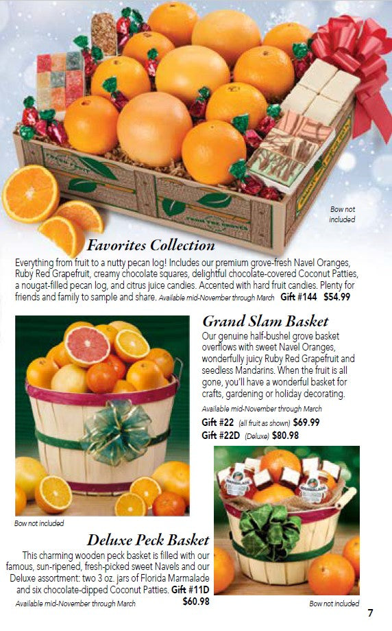 Fruit gift baskets with oranges, grapefruit and candy on a gift catalog page from Hyatt Fruit Company.