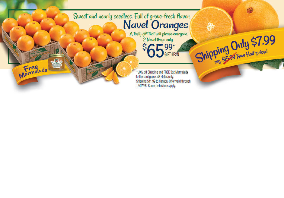 Shipping special postcard mailing promotion for Hyatt Fruit Company. 2 Trays of Navel oranges, marmalade and cheap shipping.