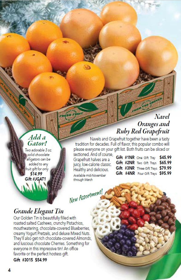 Box of navel oranges and Ruby Red grapefruit on Hyatt Fruit Company catalog page 4.