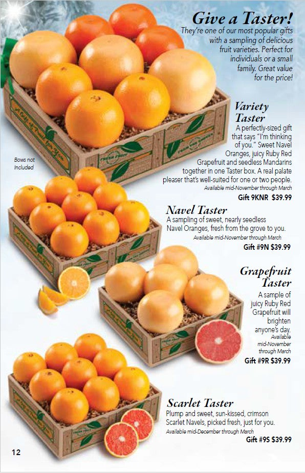 Scarlet navel oranges gift box  on a catalog page from Hyatt Fruit Company.