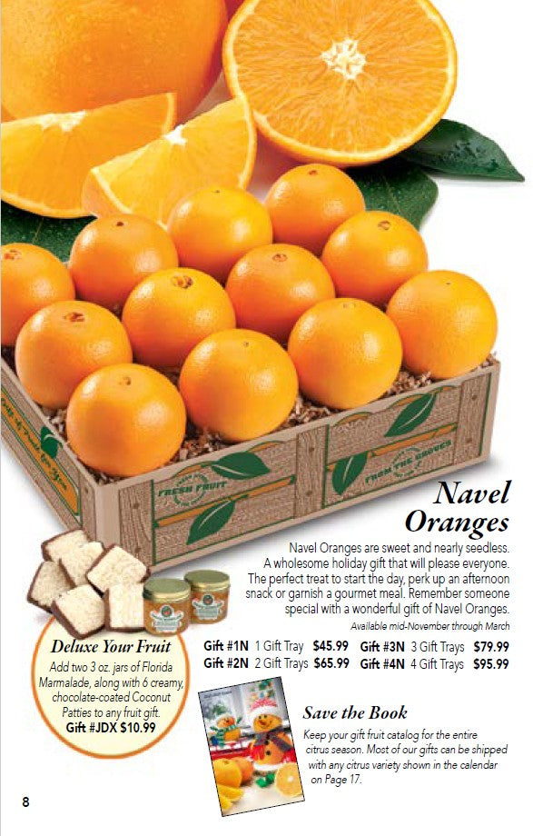 Gift box of navel oranges on a catalog page from Hyatt Fruit Company.