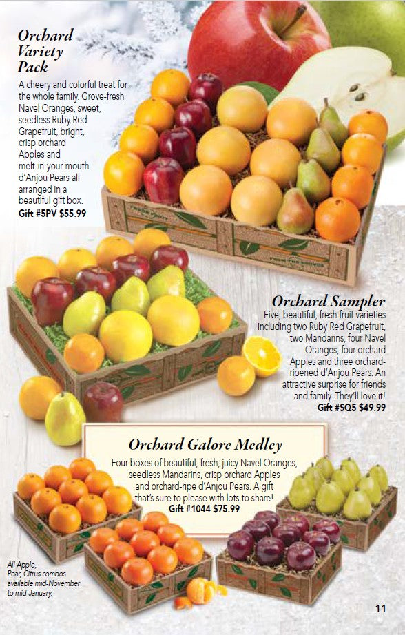 Oranges, apples, pear fruit gift assortment on a catalog page from Hyatt Fruit Company, Indian River County.