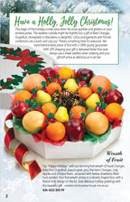 Fruit wreath of fruit gift with decorative ribbons on a catalog page, featuring text about holiday fruit arrangements.