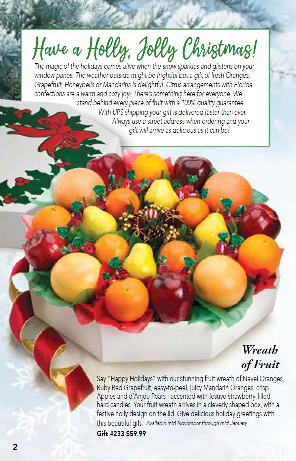Fruit wreath of fruit gift with decorative ribbons on a catalog page, featuring text about holiday fruit arrangements.