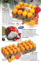 Oranges Gift Box with Pretzels, Nuts and Peanut Brittle on a catalog page from Hyatt Fruit Company.