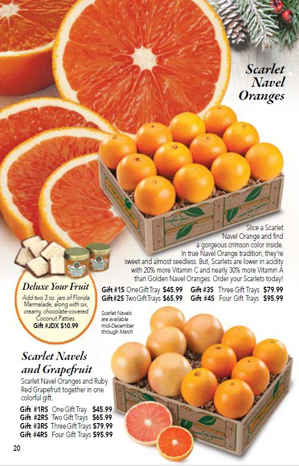 Scarlet Navel Oranges printed gift box pictured on a catalog page from Hyatt Fruit Company.