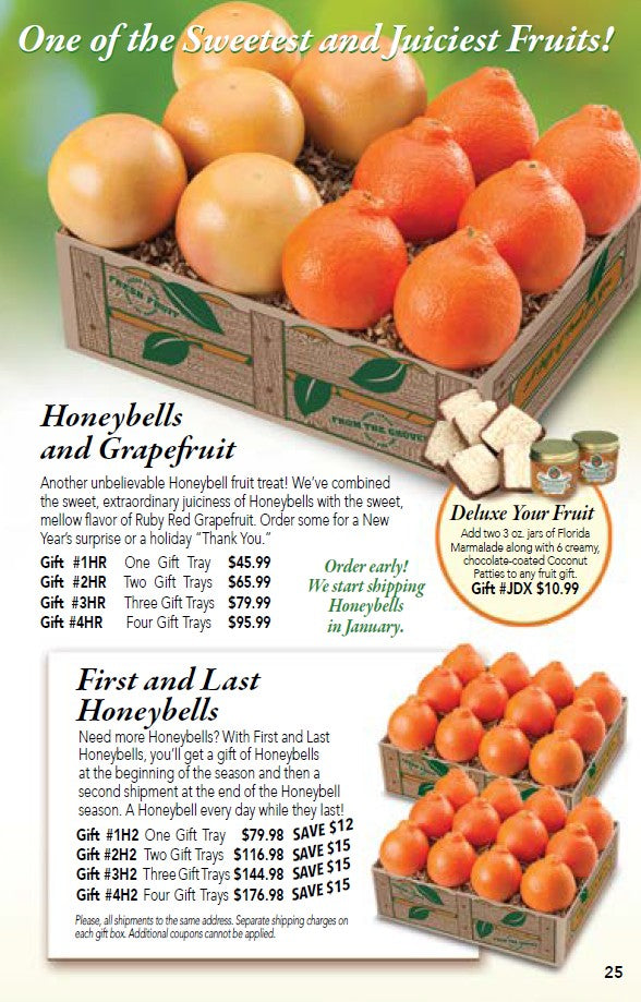 Honeybells and grapefruit citrus gift in a decorative gift box on a catalog page from Hyatt Fruit Company.