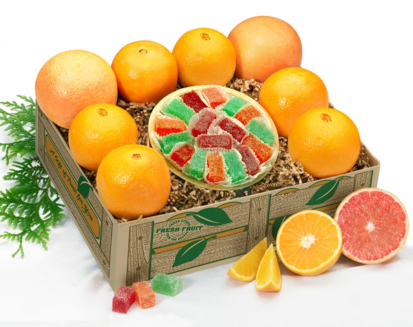 Jelly Candies gift mixed with fresh Gift Fruit Citrus including Oranges and Ruby Red Grapefruit
