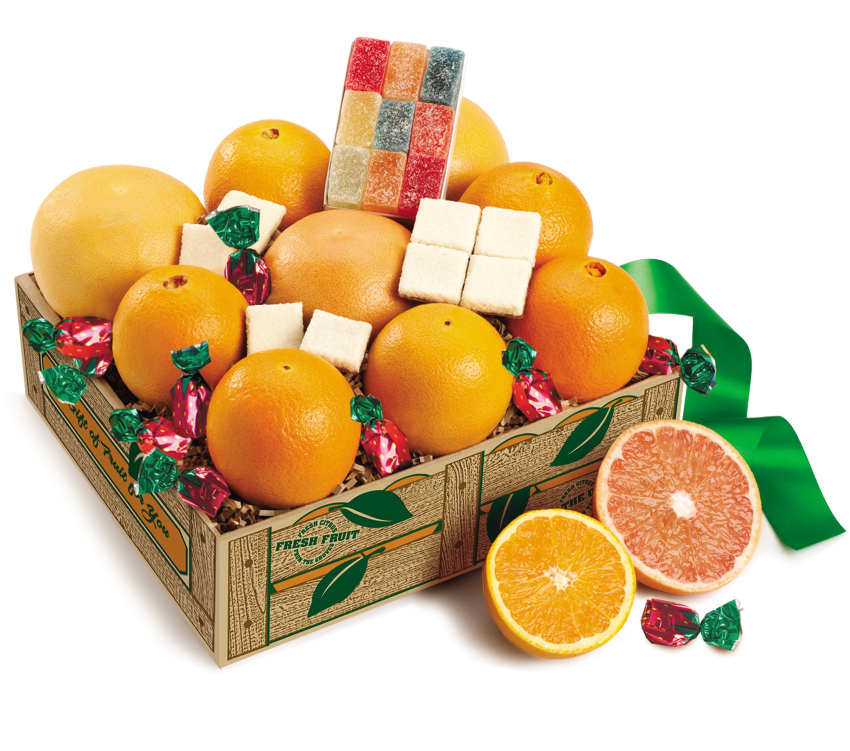 Citrus Fanfare fruit basket boxes featuring juicy Navel Oranges, Ruby Red Grapefruit, and sweet coconut treats.