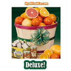 Florida Fruit Gift Basket shown with Deluxe items including chocolate-covered coconut patties and orange marmalade.
