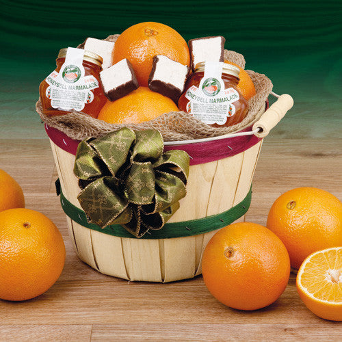 Grove Basket - Peck (Petite) filled with Florida oranges, marmalade jars, and chocolate-covered coconut patties.